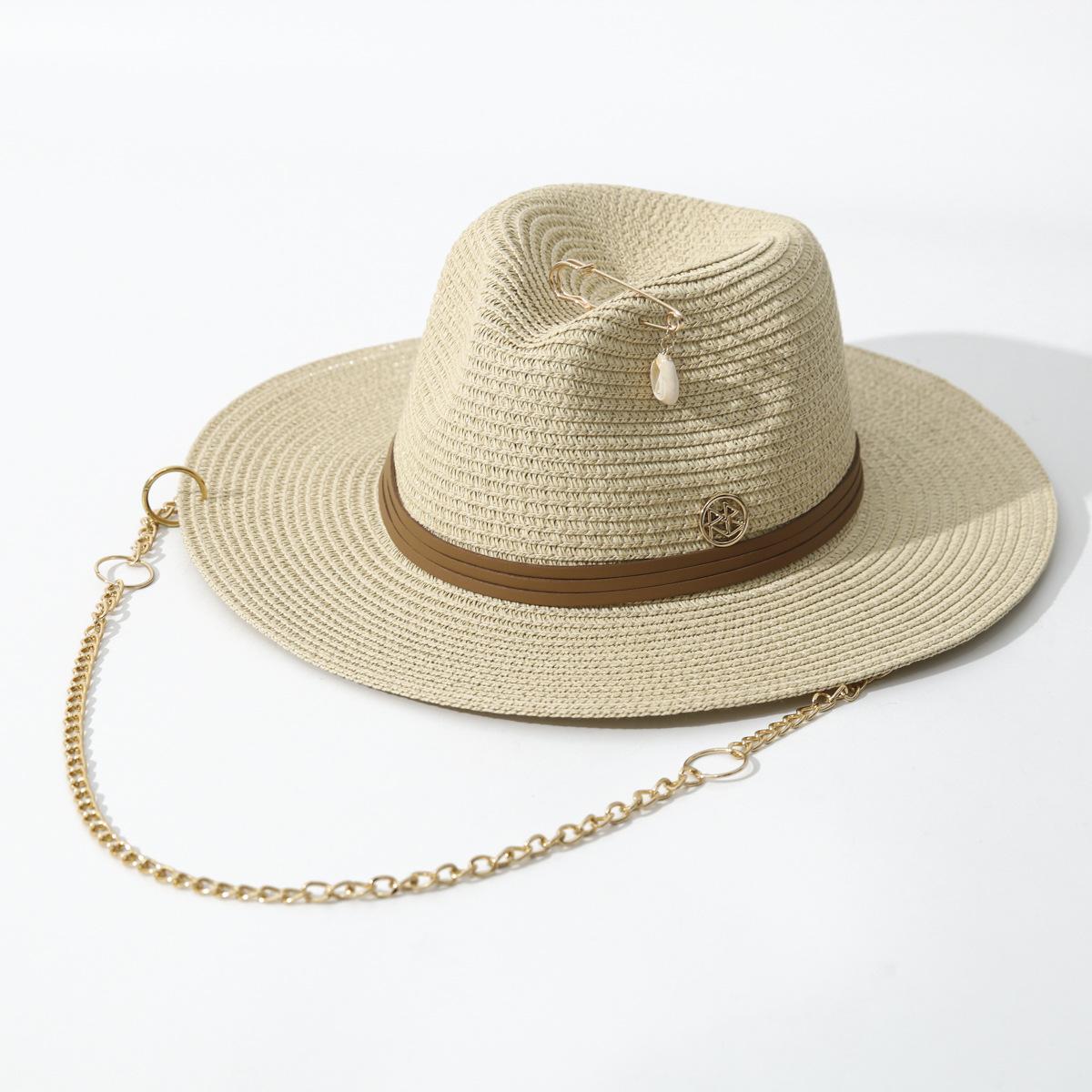

2026 Designer Wide Brim Straw Hat for Women, Chain & Pin Decor, Spring Summer Beach Sun Cap with UV Protection бежевый