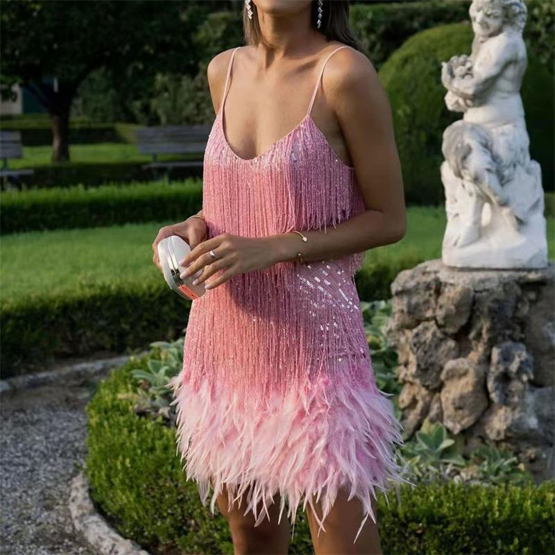 Sequins Tassel Feather Spaghetti Strap Dress Women Stitching Mini
