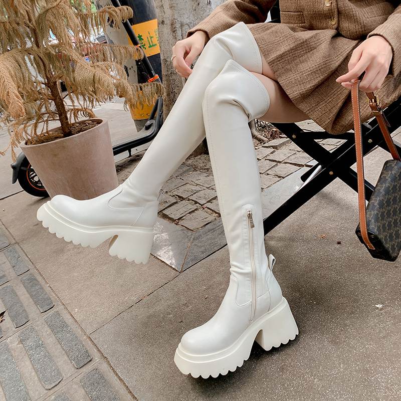 Krazing Pot Skórzane buty wiosenne i zimowe z grubego dna, antypoślizgowe, platformy, damskie, wsuwane, wysokie buty do ud