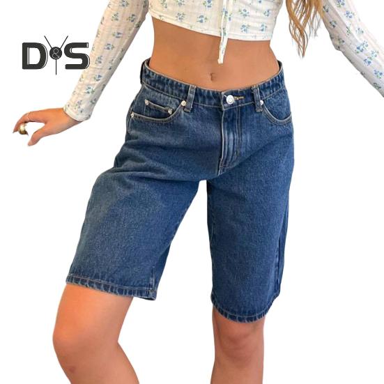 Dámské džínové šortky ke kolenům s kapsami Střední pas Volné džínové bermudy Rovná nohavice Džínové krátké kalhoty