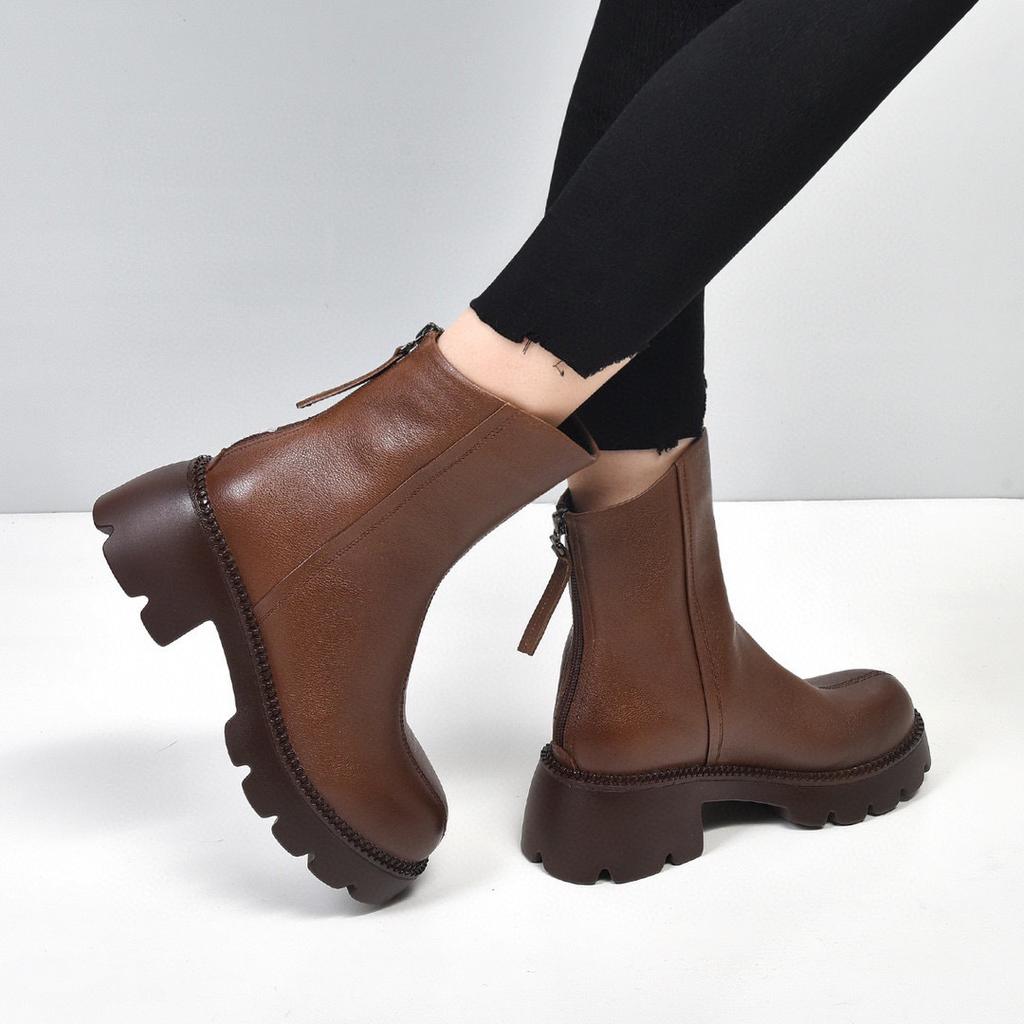 Thick-soled Rear Zipper Martin Boots Autumn and Winter New First-layer Cowhide Knight Boots Round Head Thick Heel Medium Boots