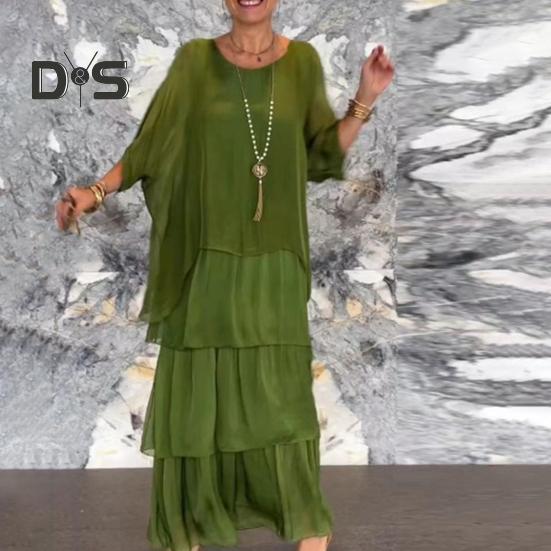 Abendkleid, mehrlagig, verstreuter Kuchensaum, Halbarm-Maxikleid, Fledermausärmel, weites Chiffonkleid mit Rundhalsausschnitt für Party und Abschlussball