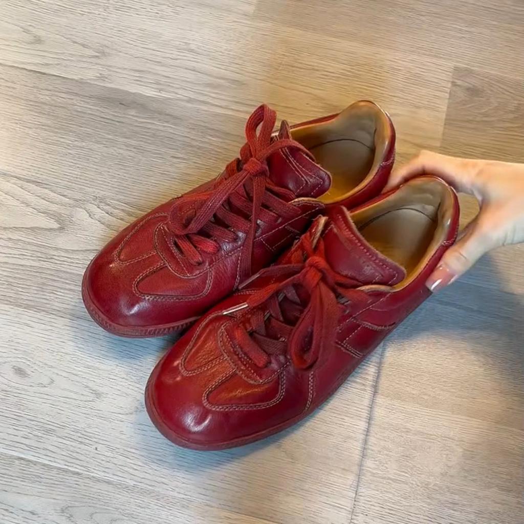 Sheepskin Version~ Retro Temperament Leather Soft-soled Women's Board Shoes Lace-up Red Lace-up Casual Sports Shoes