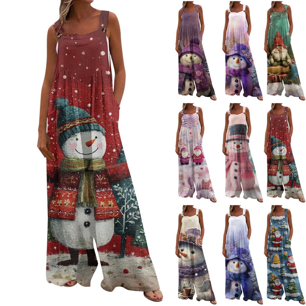 Women's Christmas Print Solid Wide Leg Strapless Tank Pocket Casual Onesie