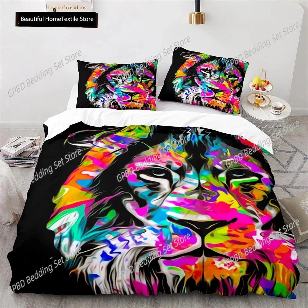 Lion Duvet Cover Set 3D Print Wild Animals Colourful King Queen Size For Kids Teens Adults Bedding Set Polyester Comforter Cover