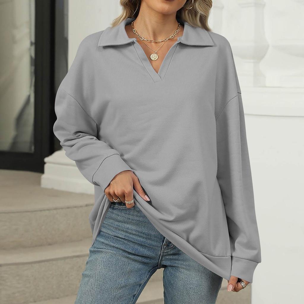 Women's Fashion Oversized Solid Color V-Neck Sweatshirt Long Sleeve Casual Top