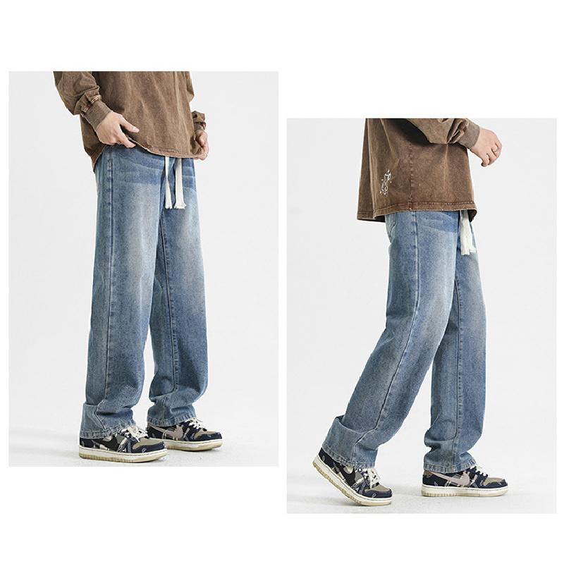 2026 New Vintage Drawstring Jeans for Men, Washed, Loose Fit, Versatile Workwear Trousers