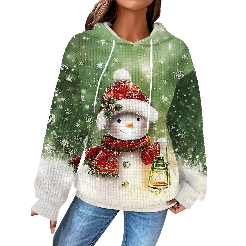 Women's Fashion Loose Hooded Pullover Long Sleeve Plaid Sweatshirt With Drawstring, Drop Shoulder, Pocket, Christmas Print Top