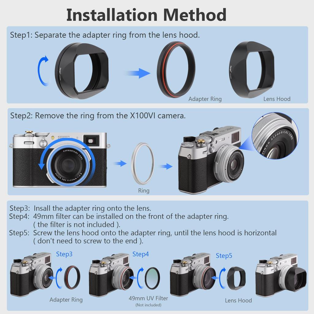 Haoge LH-X54B Square Metal Lens Hood with 49mm Adapter Ring for Fujifilm X100VI Camera, Black