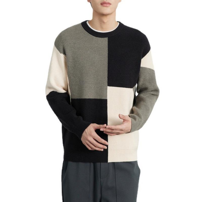 High-end Contrasting Color Splicing Crew Neck Sweater for Men In Autumn and Winter Slightly Loose Lazy Style Sweater Thick Sweater