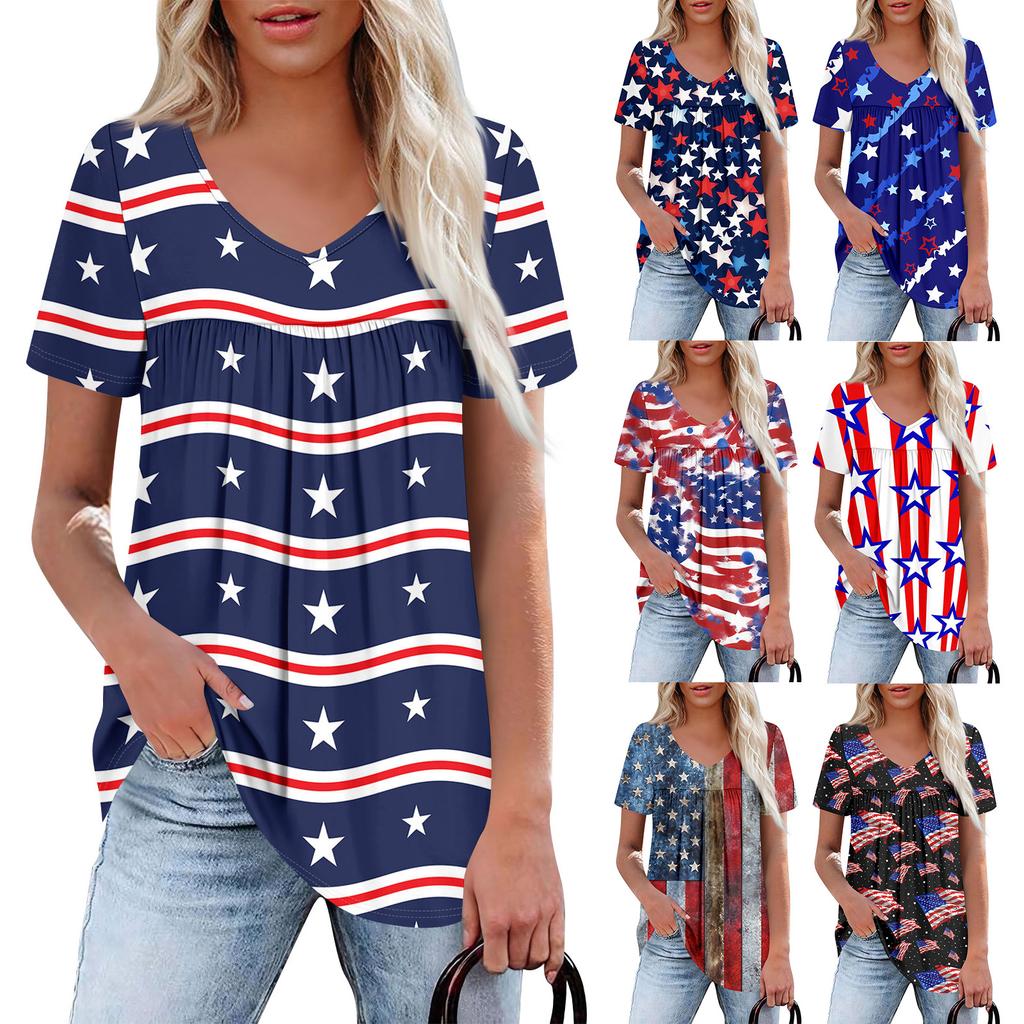 Women's Casual V-Neck Short Sleeve Chest Ruffle Printed Top