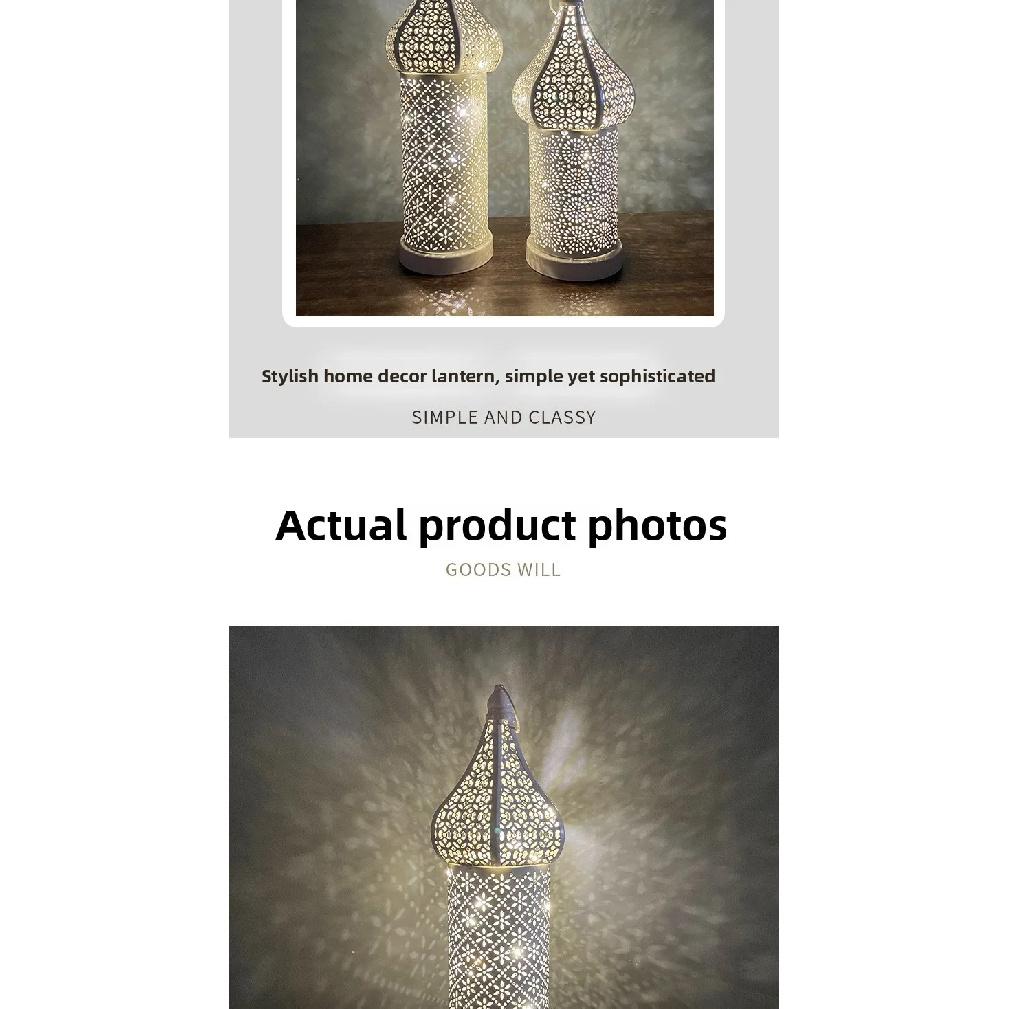 Golden Moroccan Lantern, Hollow Iron LED Light for Home Decor, Ramadan Eid Wedding, Indoor Outdoor Hanging Pendant Lamp - 1PC