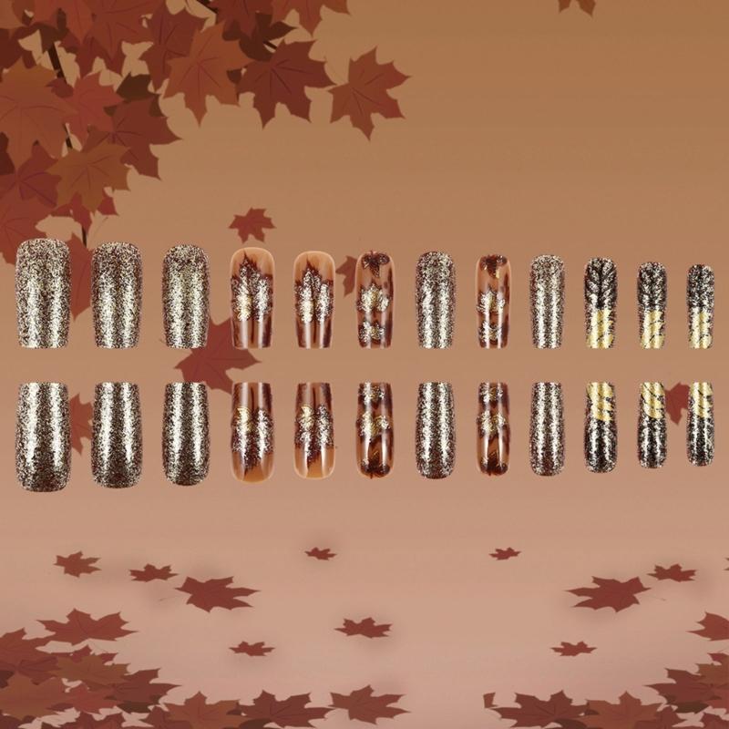 24pcs Medium Square Artificial Nail Press on Nail with Gold Glittering Leaves Stick on Nail For Fall And Winter Styles
