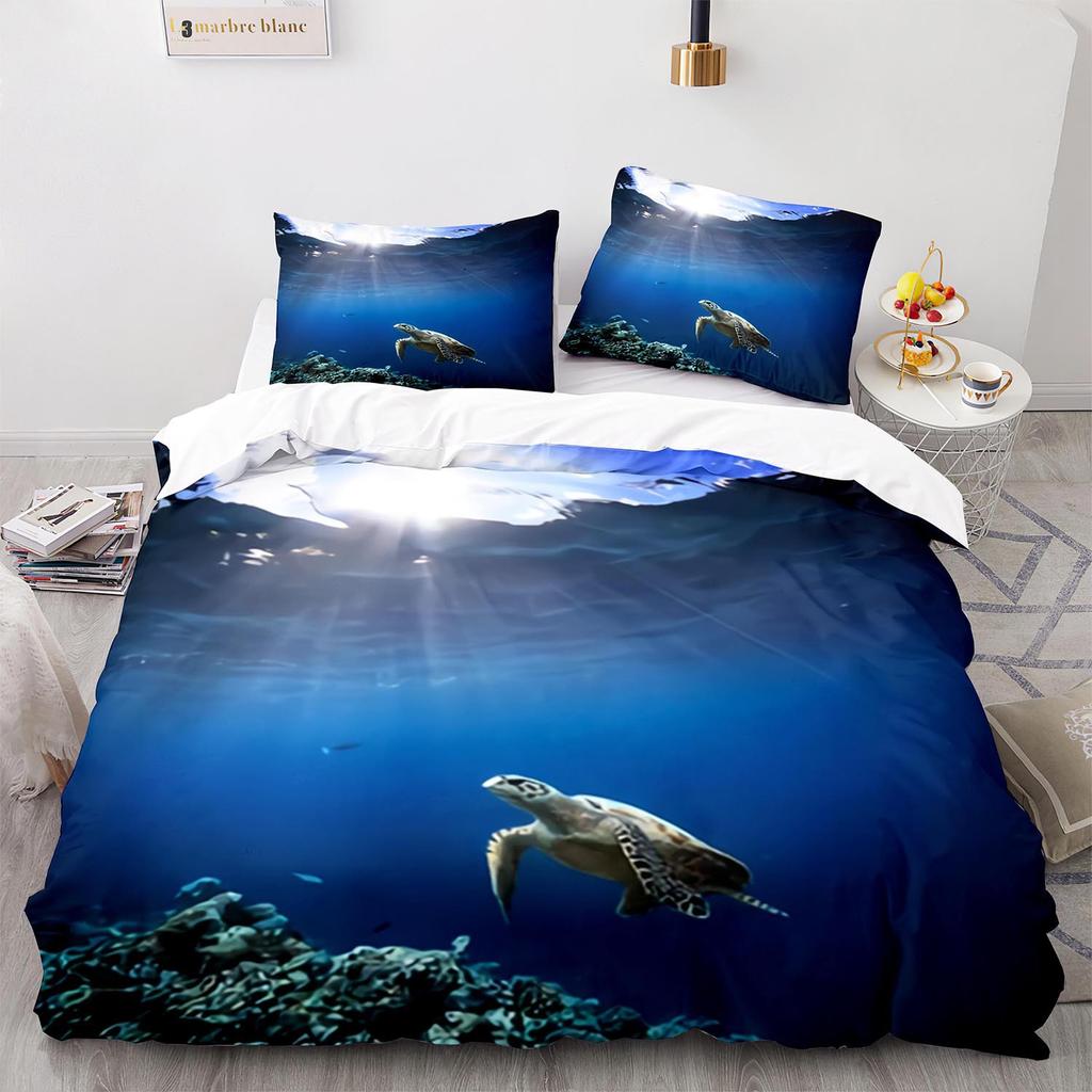 Underwater World King Queen Duvet Cover Cartoon Ocean Animal Bedding Set For Kids Fish Coral Sea Life Soft Polyester Quilt Cover