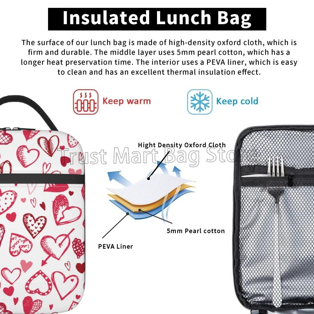 Red Pink Heart Insulated Lunch Bag for Women Romantice Love Heart Portable Reusable Thermal Lunch Box for Work Picnic Travel