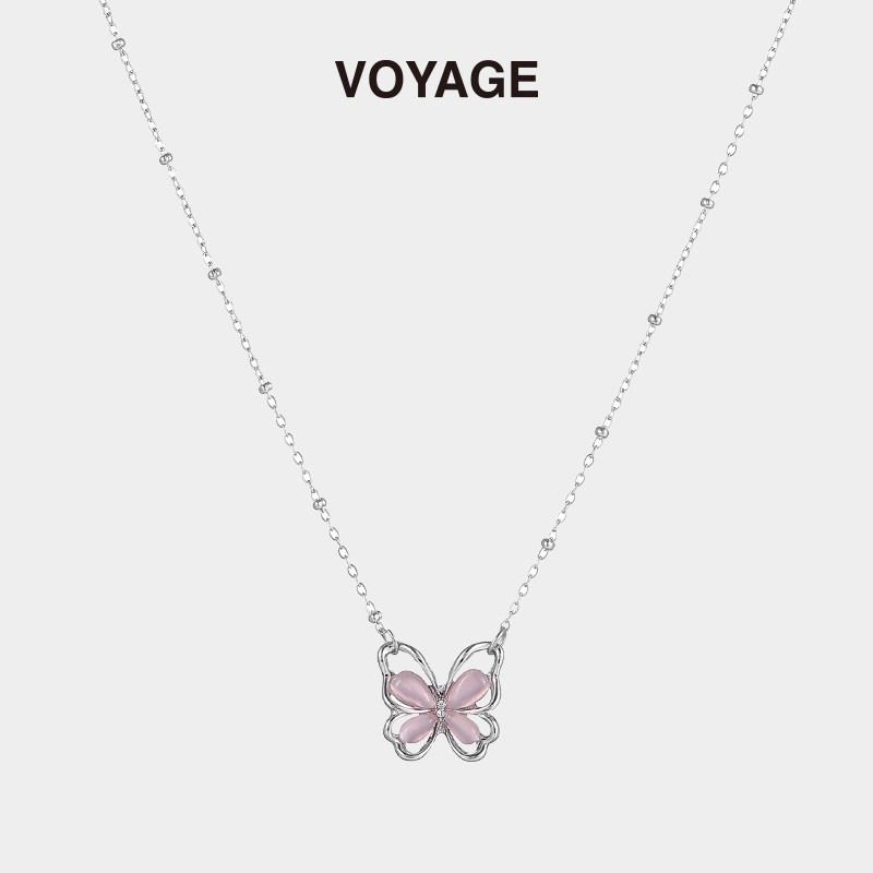Pink Cat's Eye Butterfly Pendant Necklace - Light Luxury Clavicle Chain for Women