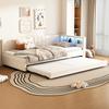 Daybed, 90x200cm, Sofa Bed, Storage Compartment, USB+Type C, with LED Light Strip, Pull-Out Bed, Slatted Frame (without Mattress), Linen, Beige