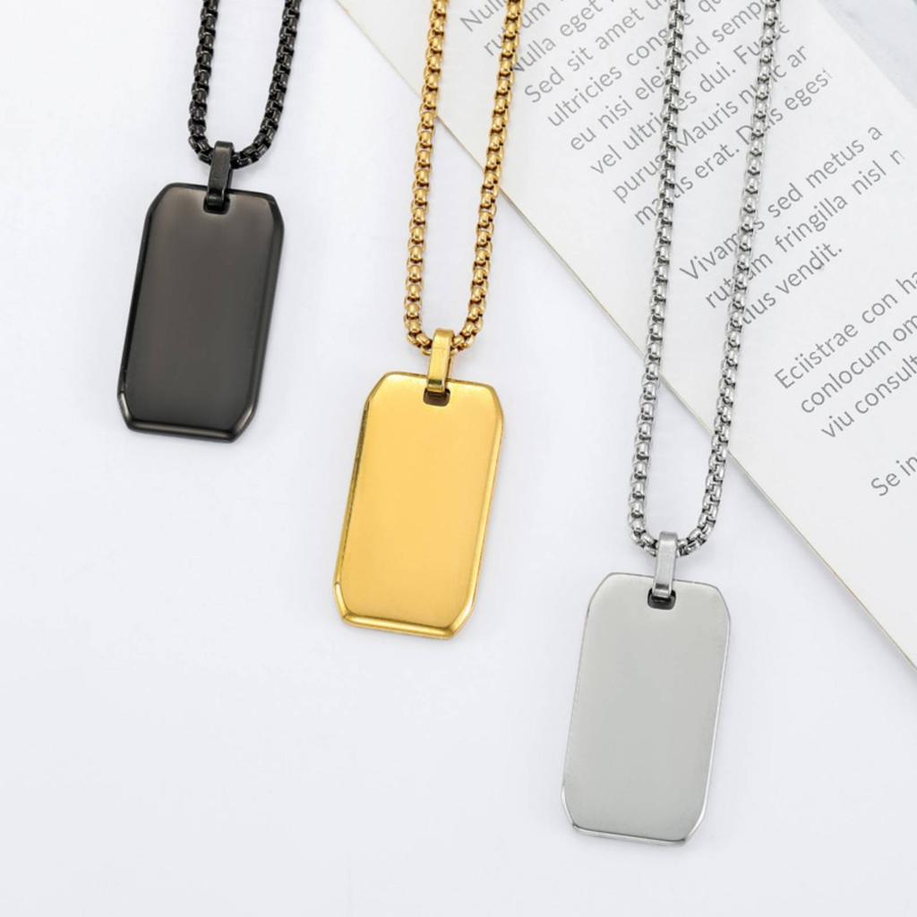 Geometric Square Dog Tag Pendant Necklace for Men Women Stainless Steel Jewelry Gift
