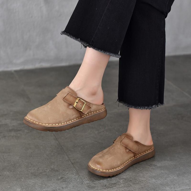 Johnature Retro Dámské venkovní pantofle z pravé kůže Všestranné pantofle z hovězí kůže s měkkou podrážkou