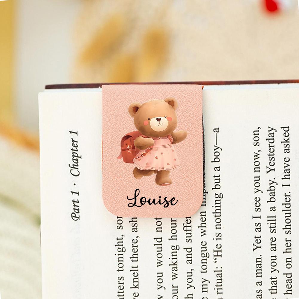1pc Cute Bear Customizable Name Leather bookmark For School supplies Personalized Cartoon Bear Magnetic Bookmark SJ49-softpink