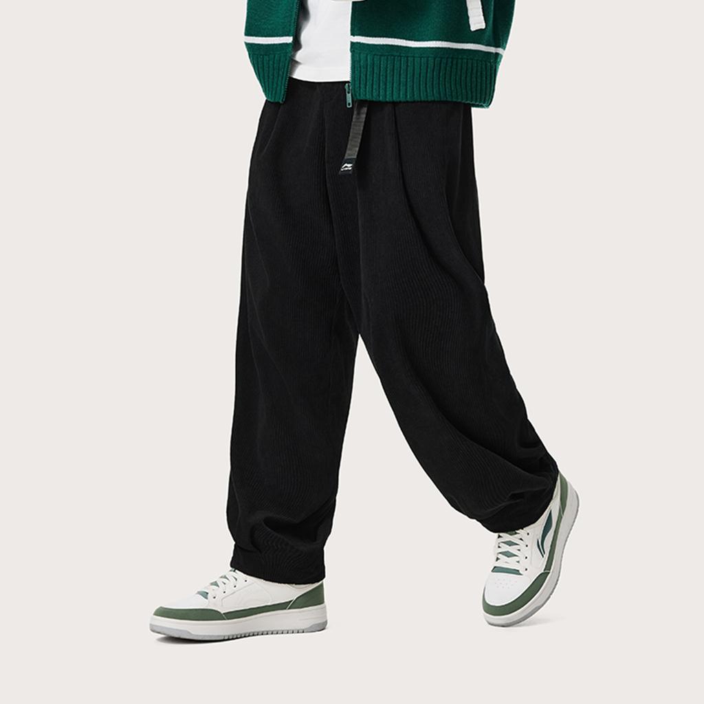 Li Ning Sports Lifestyle Series Solid Color Loose Mid Waist Knitted Sports Pants Men Bottoms Black AKXU525-3