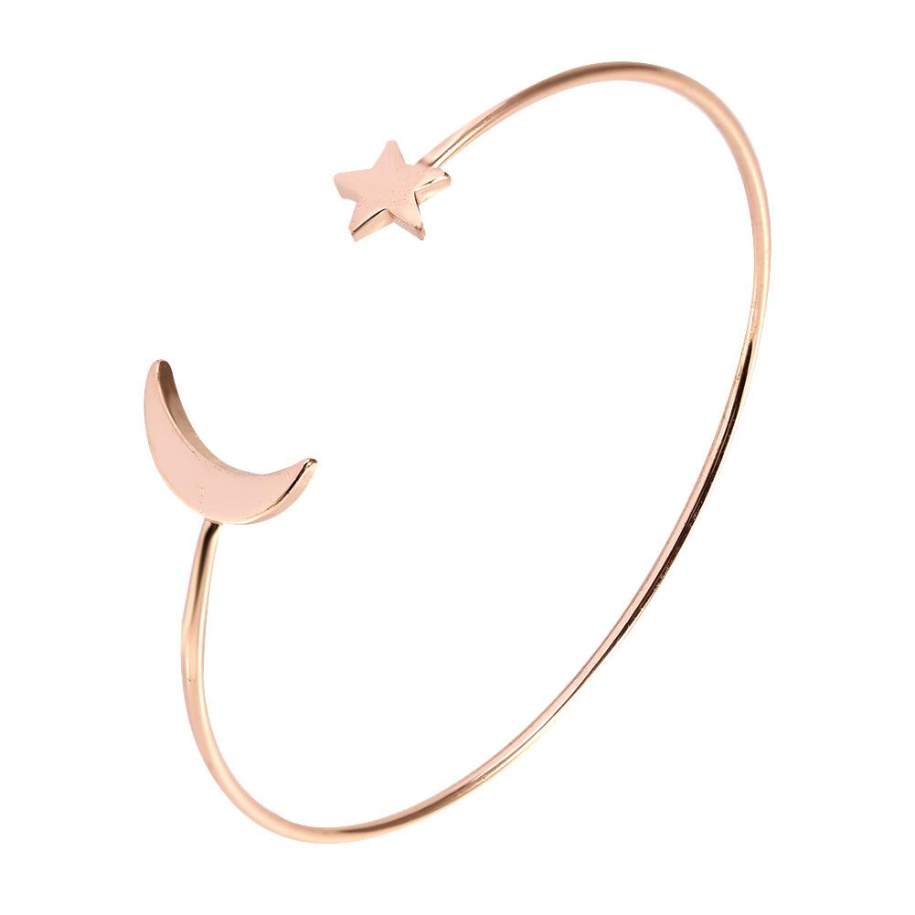 Female Open Bracelet Copper Plating Wristband Bangle with Moon Star Decoration (Gold)