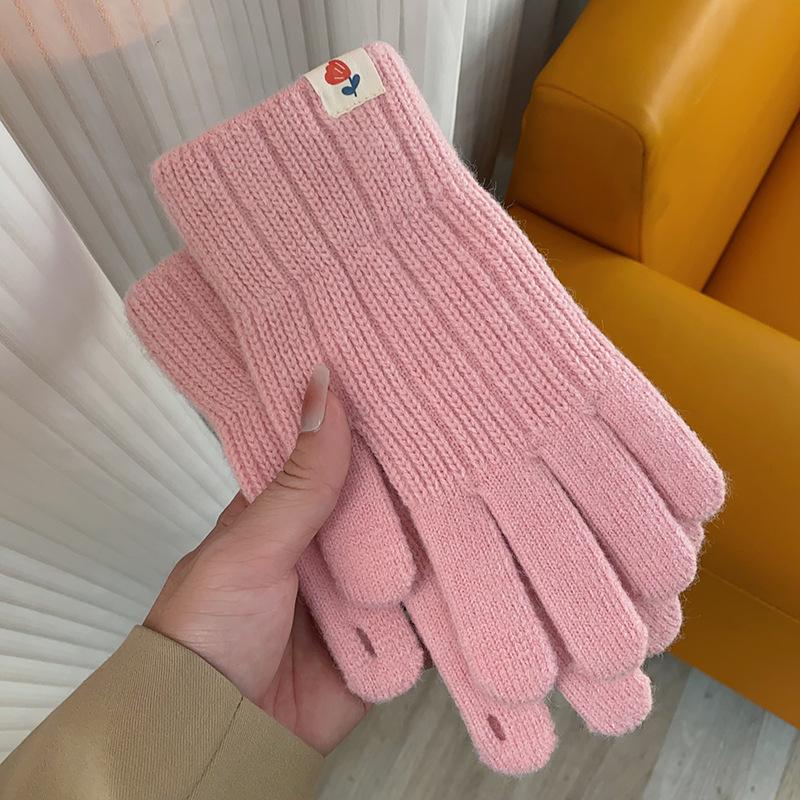Warm Gloves for Men and Women In Autumn and Winter Solid Color Simple Versatile Woolen Knitted Brushed Thickened Five Finger Split