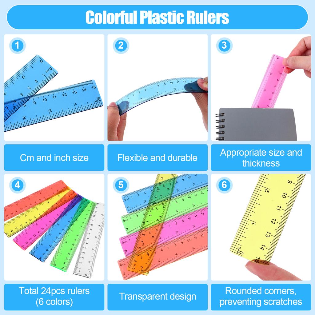 24Pcs Colorful Ruler Clear Plastic Rulers Clear Assorted Kids Measuring Straight Ruler With Inches Centimeters Millimeter Bulk B