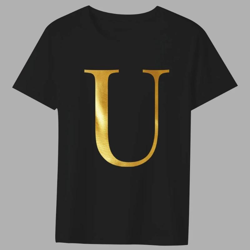 Fashion T-shirt Black Men's 26 English Letters Gold Printing Pattern Series Casual Round Neck Commuter Comfortable Top T-Shirts Men’s