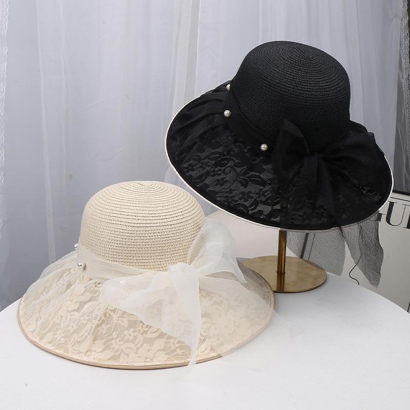 New lace mesh bow mesh hat women's breathable hollow sunshade straw hat seaside vacation sunscreen hat