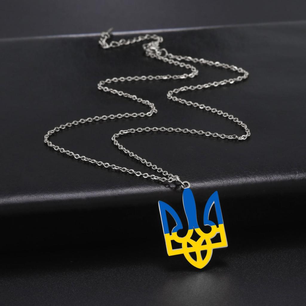 Edelstahl Ukraine Dreizack Halskette Blau Gelb Ukraine Flagge Anhänger Halskette Ukrainisches Nationales Symbol Tryzub Halskette