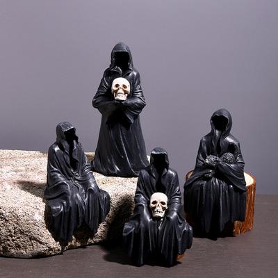 Halloween Grim Reaper Figurine Spooky Black Robe Death Ghost Resin Statue Sculpture Indoor Home Office Desktop Decoration Ornament Festival Gift