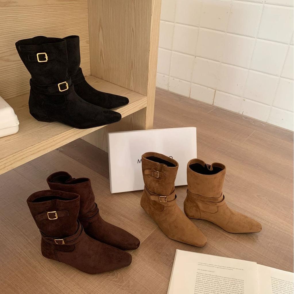 Women's Boots Apricot Thin Low Heel Thick Heel Versatile 2025 New Autumn Fashion Boots Thin Belt Buckle
