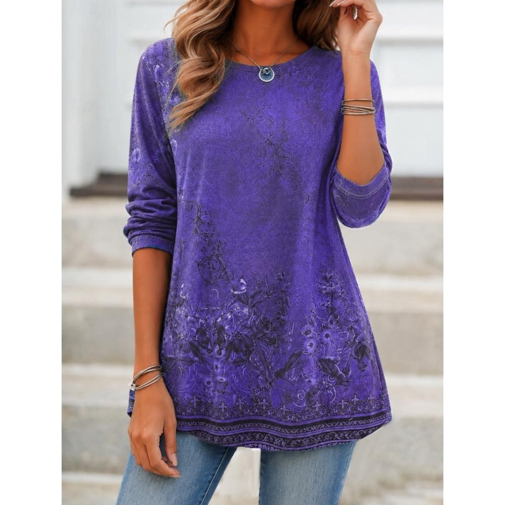 Tops for Women Distressed Floral Print Round Neck Long Sleeve T-shirt Fall Casual Slim Pullover Women's Long Sleeve Top