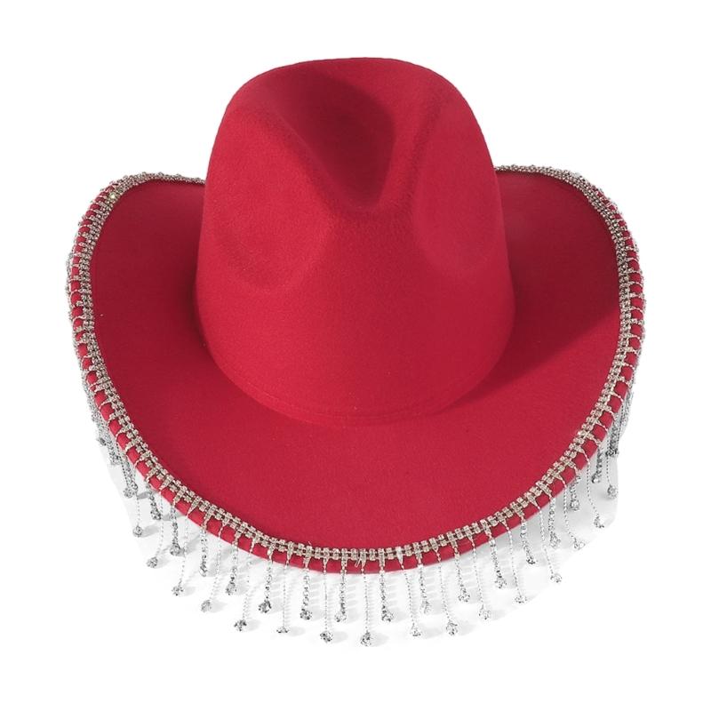 Trendy Cowboy Hat Denims Hat with Sparkling Rhinestones and Fringe Detail for Outdoor Activities Parties Halloween Hat