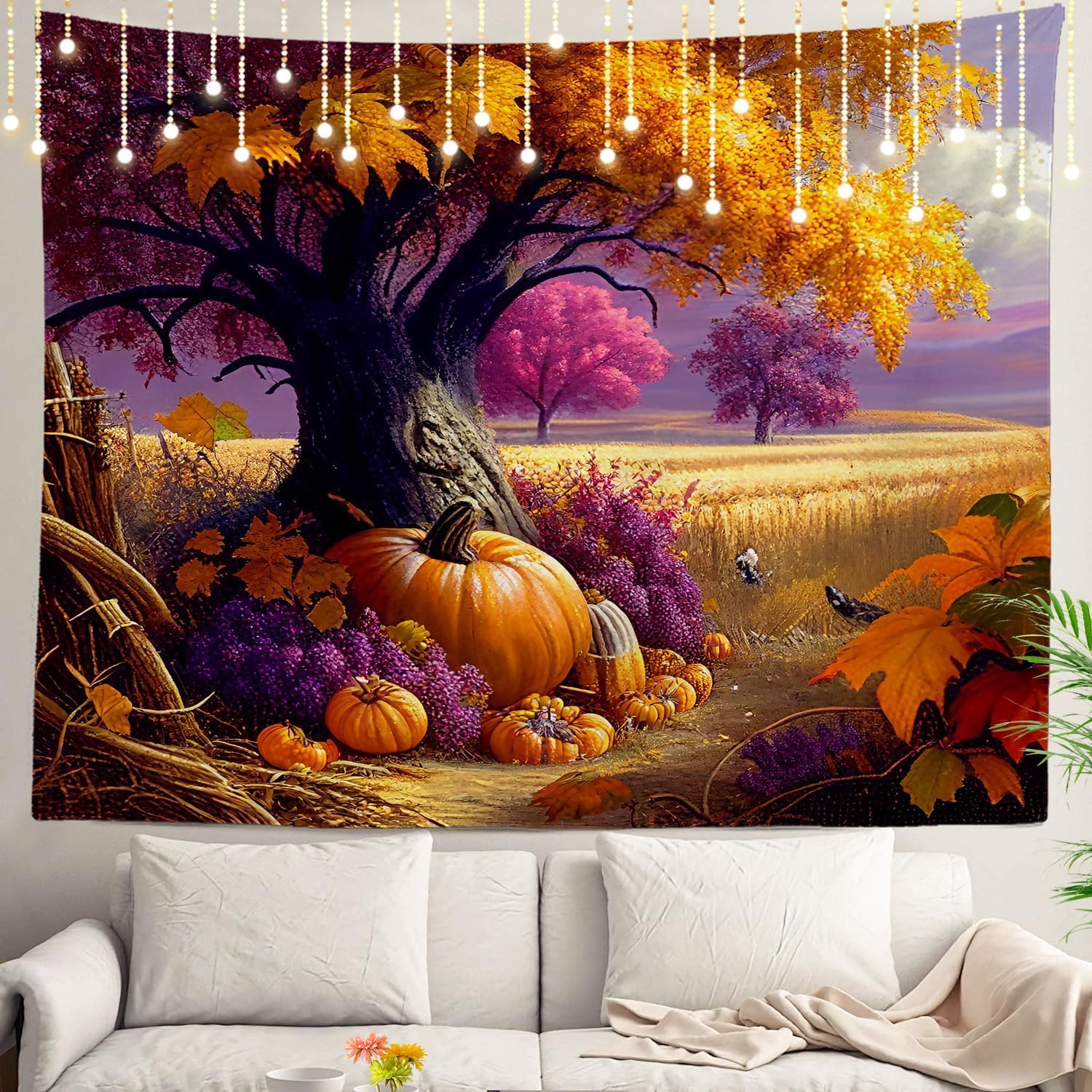 

Autumn Harvest Tapestry Pumpkin Maple Tree Wall Art Thanksgiving Decor for Dorm Bedroom 74x94cm(29x37in)