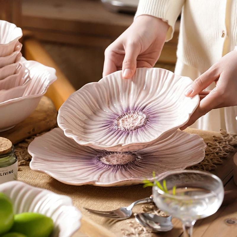 Relief Purple Floral Ceramic Plate Dessert Plate Pasta Dish Soup Bowl Salad Bowl Snack Bowl Molecular Cuisine Creative Tableware