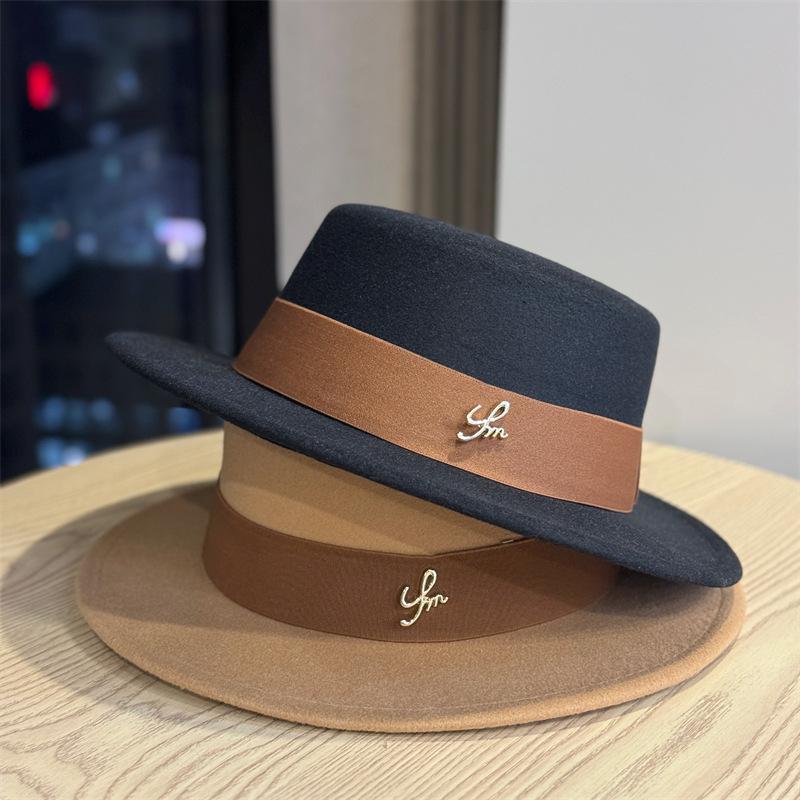 New Classic Flat Top Woolen Top Hat Female Autumn and Winter Socialite Style Bucket Hat British Fashion Versatile Felt Hat Trend