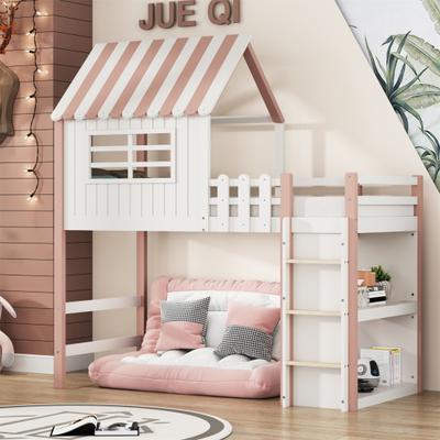 Cama Infantil 90x200cm Cama Alta e Baixa para Meninos e Meninas Cama Doméstica Forma de Telhado com Escada de Segurança com Compartimento de Arrumação Cama Multifuncional Sólida