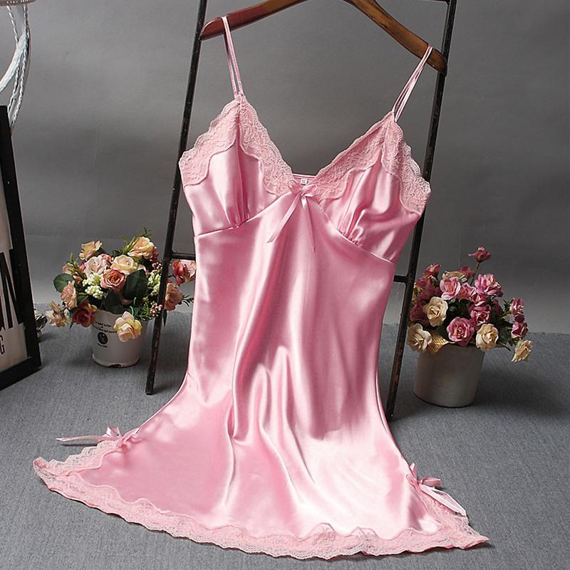 Women Bow Ribbon Bedroom Nightwear Comfortable Solid Color Sleepwear Polyester Summer Lace Ruffle Design Satin 6 Colors