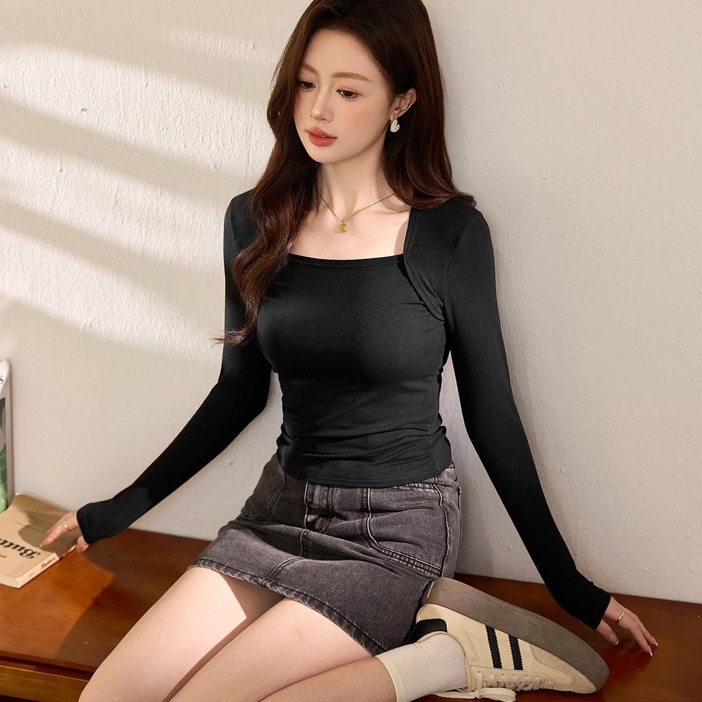 Temperament Shoulder Square Collar T-shirt Women Long Sleeve Autumn New Tight-fitting Bottom Shirt Top