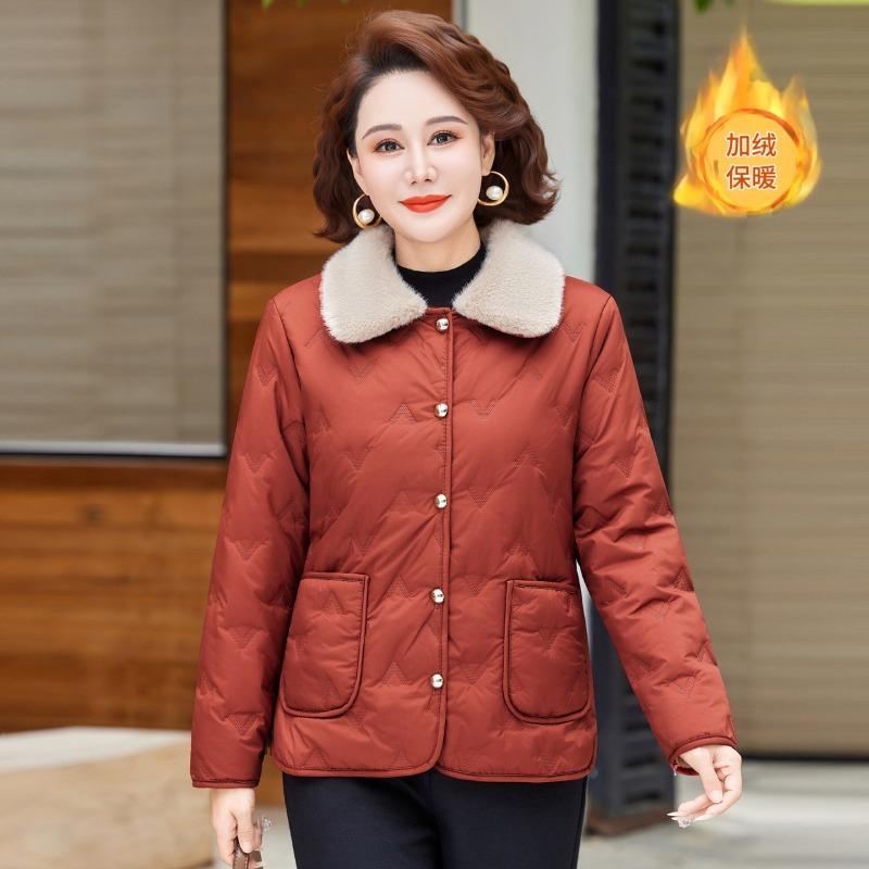 Women's Clothing Fleece Warm Low-fleece Cotton Jacket Simple Commuting Fur Collar Middle-aged Autumn and Winter Cotton-padded Clothes