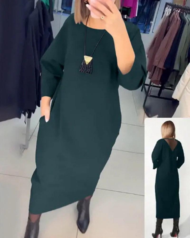 

Женское однотонное платье с карманами и длинными рукавами с круглым вырезом, осень/зима 2023 XXL зелёный