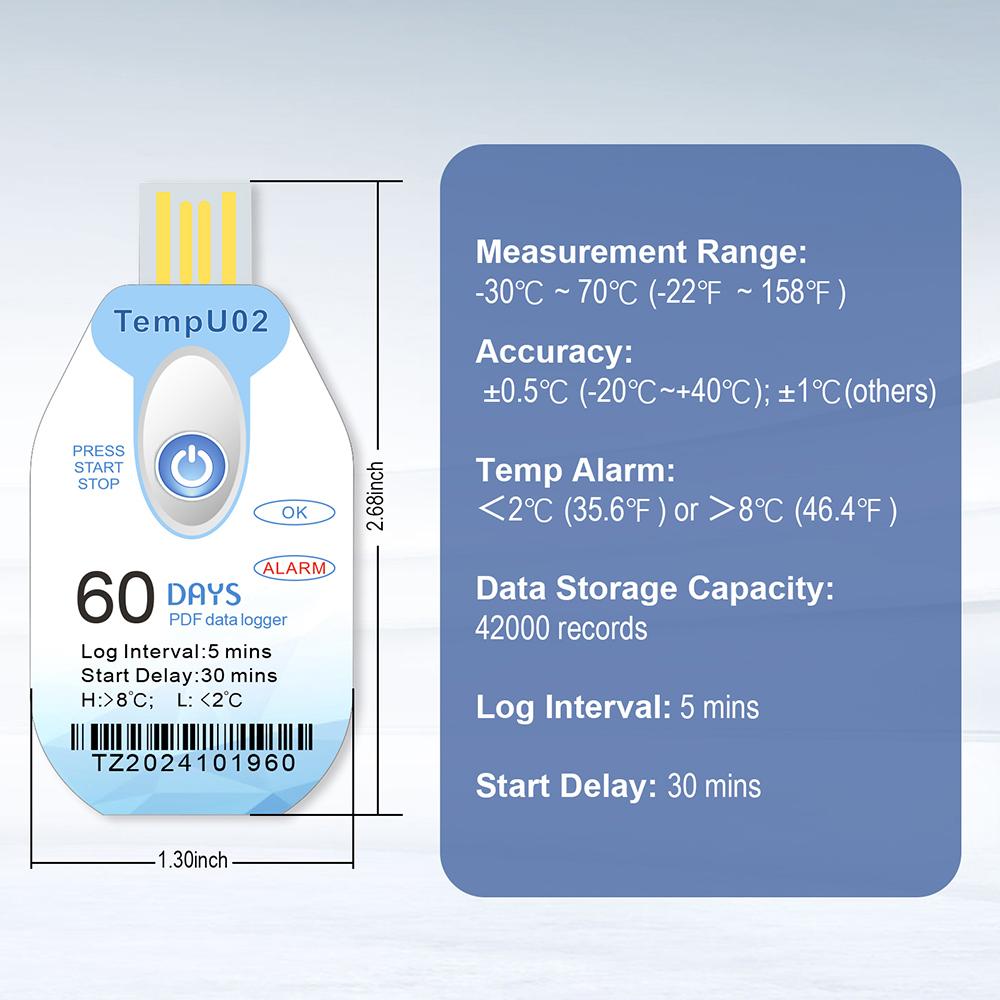 Disposable USB Temperature Data Logger 60/90 Days Datalogger 42000 Points PDF Report Temp Recorder Thermometer for Cold-chain