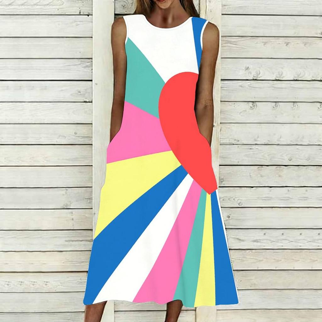 Ladies Oversized Sleeveless Crew Neck Dress Vivid Mixed Tropical Foliage Flowy Calf Length Gown