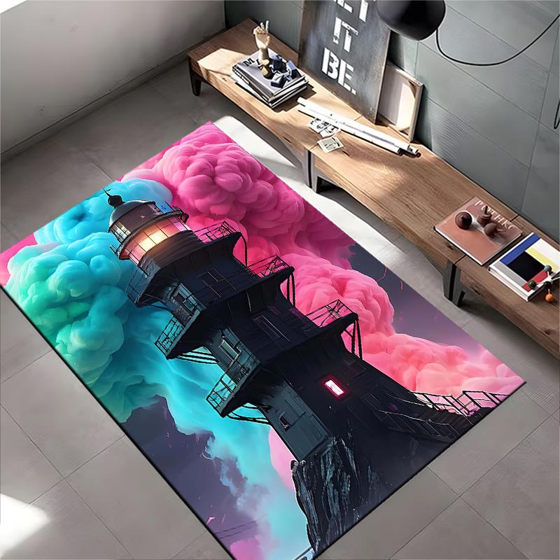 Fantasy Lighthouse Carpet with Pink and Blue Clouds Design Printed Suitable for use as an anti-slip for living room bedroom sofas
