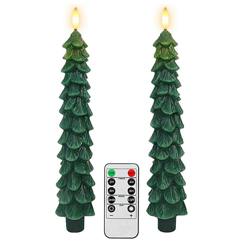 Christmas Tree Candles with Remote Timer, 2pcs Flameless LED Taper Candles Battery , Green Waxy Christmas Candlesticks