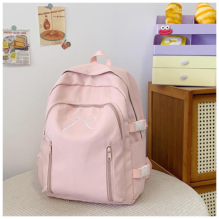 Japanese & Korean Style Cute School Backpack with Bow - Versatile for Middle & High School Students, Casual & Simple Solid Color Design