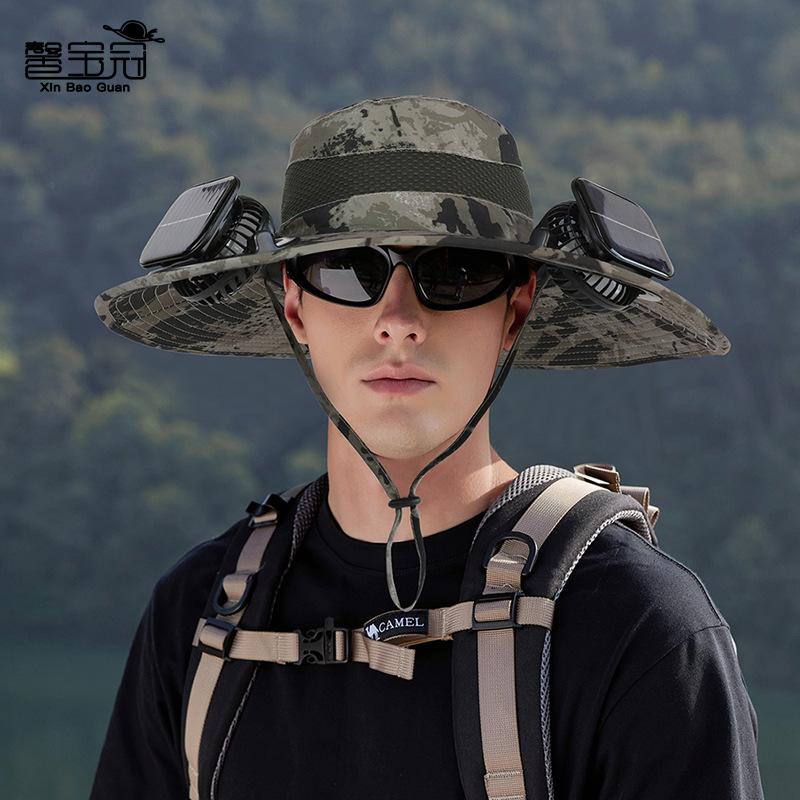 Dual fan solar hat summer outdoor mountaineering fishing sun protection visor hat camouflage big eaves men's bucket hat