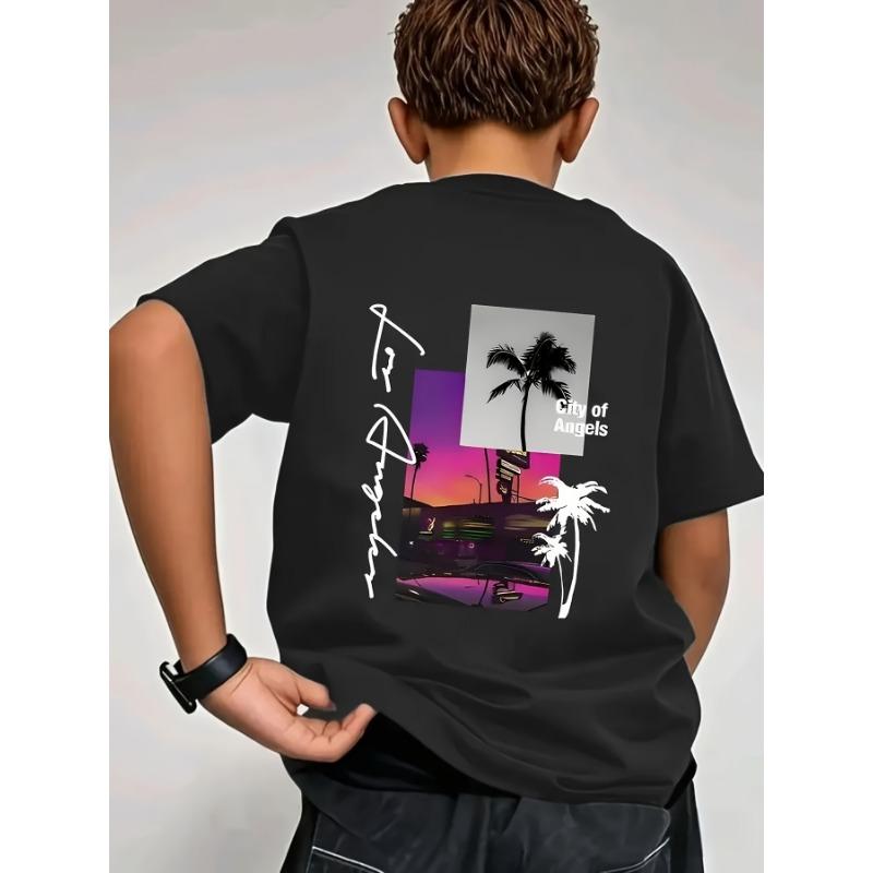 Ευρωπαϊκά μεγέθη Παιδικό T-shirt για Pre-teens με Σχέδιο Φοίνικες & Angel City - Καλοκαιρινό Κοντομάνικο Στρογγυλή Λαιμόκοψη Casual Μπλουζάκι με Φοίνικες Νυχτερινή Πόλη